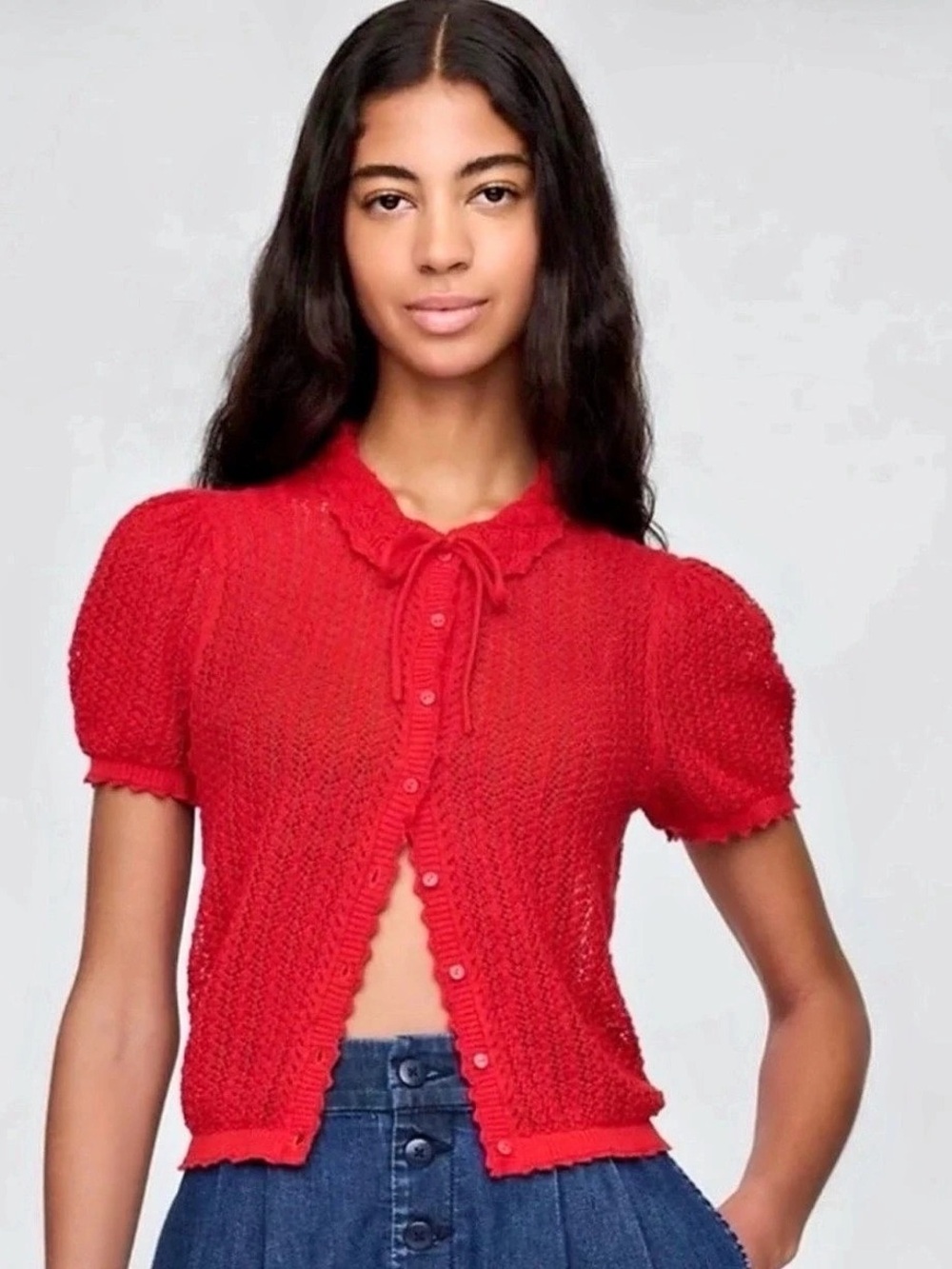 GAP 100% Cotton Pointelle Cardigan Red Size Small - Picture 3 of 7